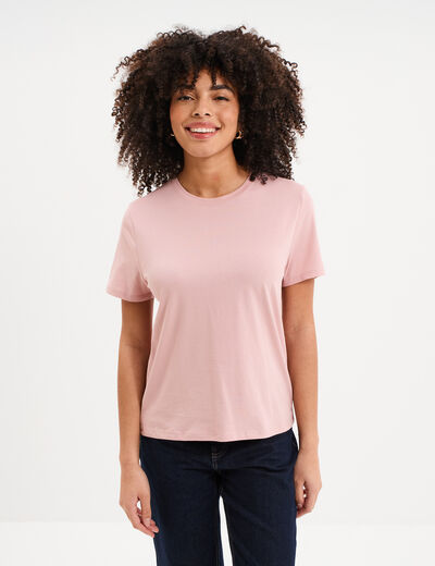 T-shirt col rond manches courtes coton mauve femme