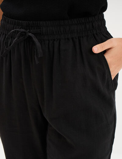 Pantalon droit 7/8&egrave;me lin m&eacute;lang&eacute; noir femme