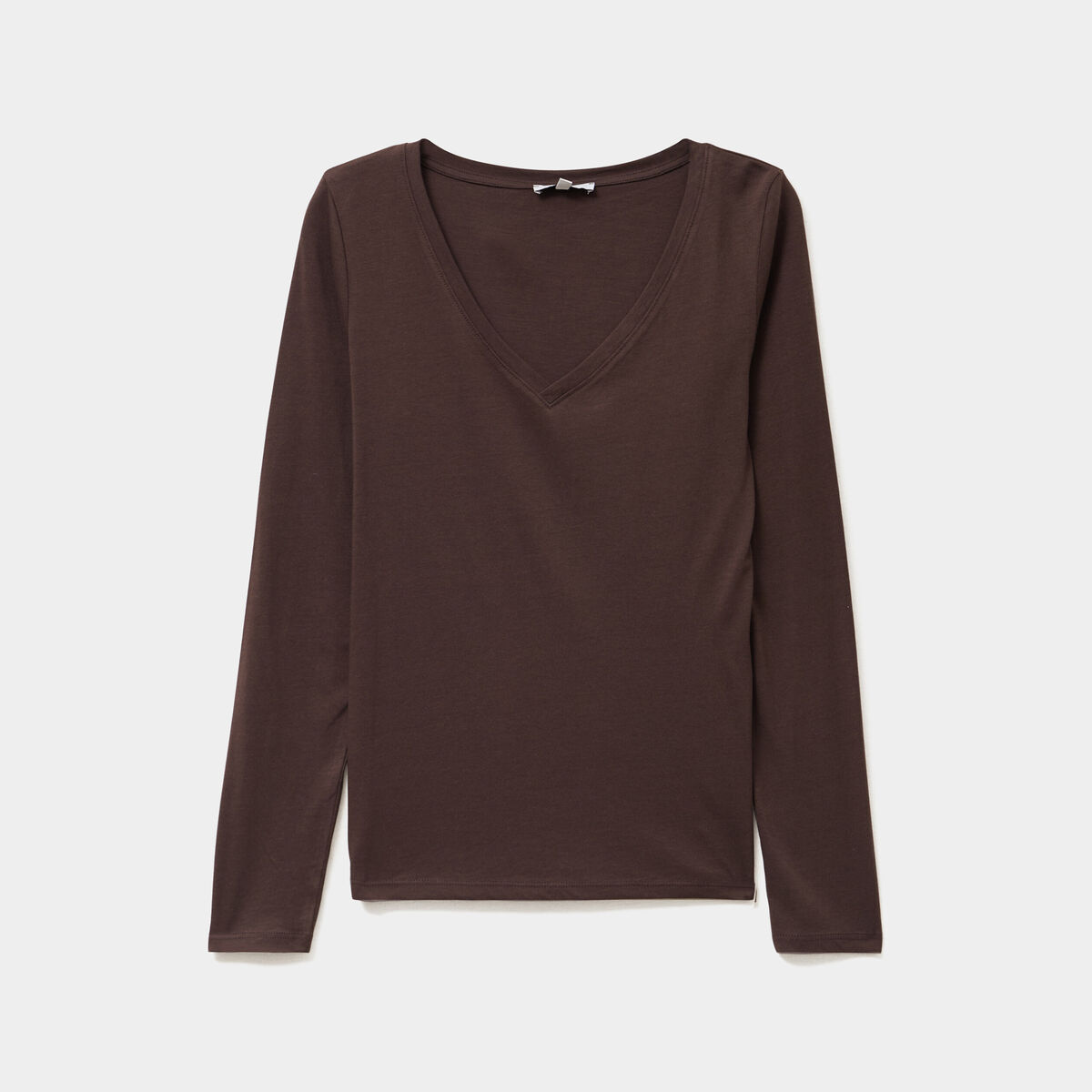 T-shirt col en V manches longues coton marron foncé femme