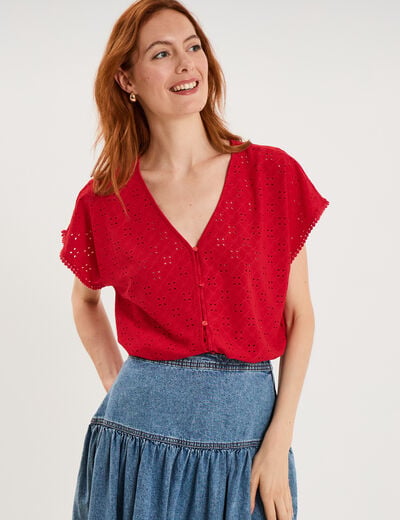 T-shirt dentelle avec boutons rouge femme