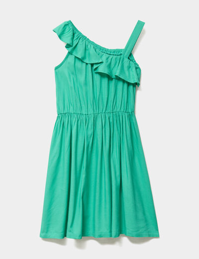Robe encolure asym&eacute;trique &agrave; volants vert menthe fille