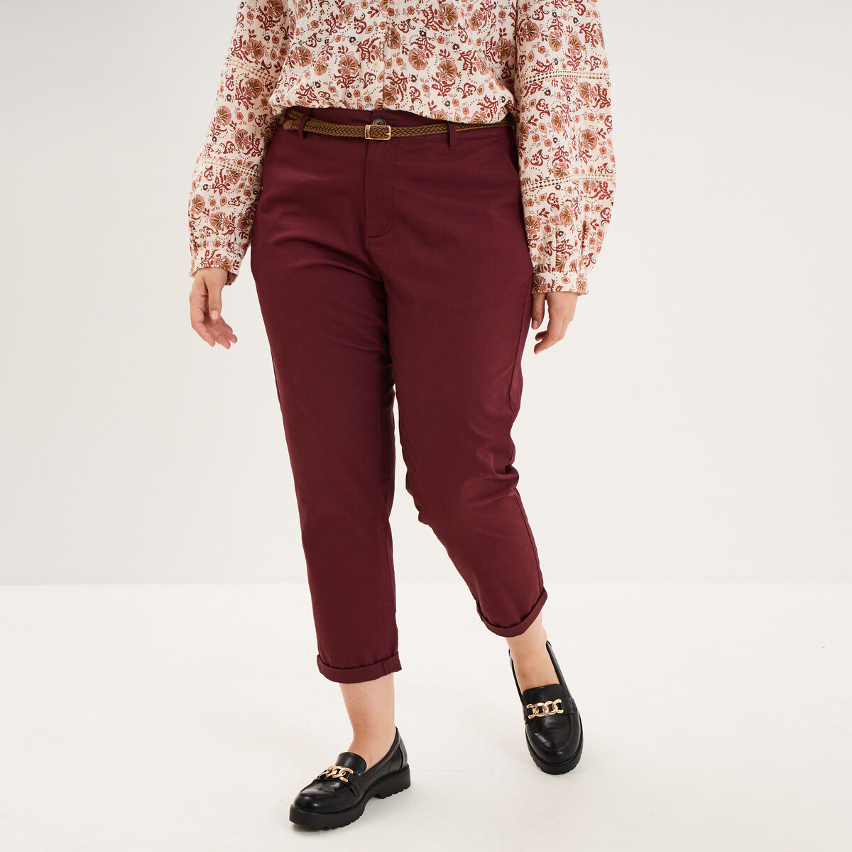 Pantalon chino taille haute coton violet fonc&eacute; femme grande taille