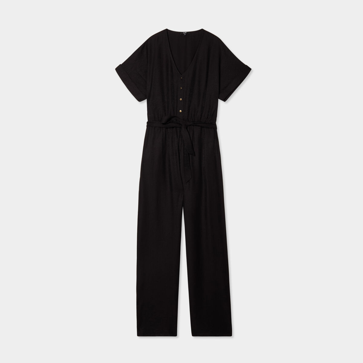 Combinaison pantalon ceinturée col en V noir femme