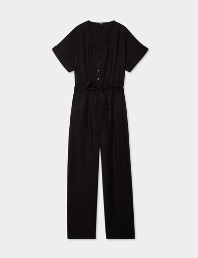 Combinaison pantalon ceinturée col en V noir femme