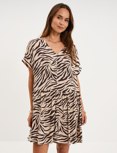Robe courte fluide manches courtes beige clair femme