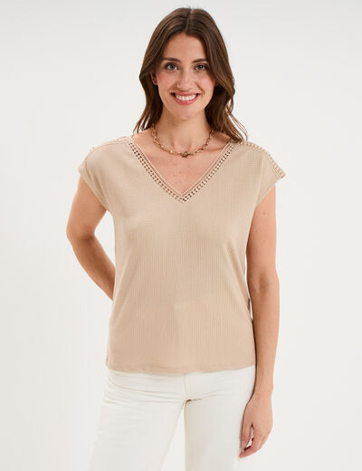 T-shirt col en V manches courtes beige femme