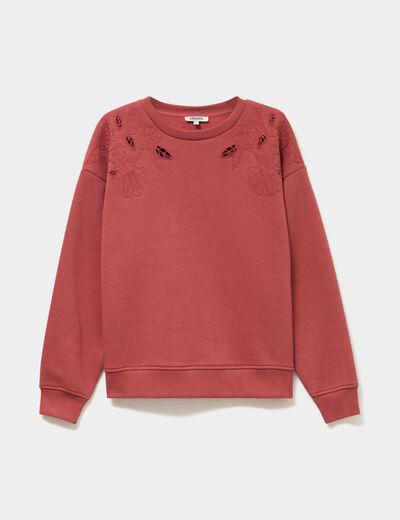 Sweat ajour&eacute; avec broderie col rond vieux rose femme