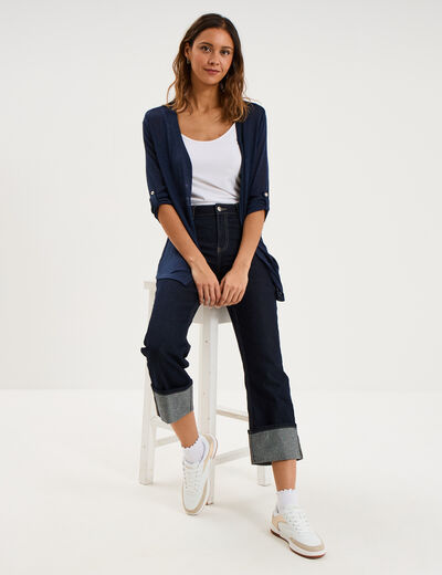 Gilet fin mi long manches 3/4 bleu marine femme