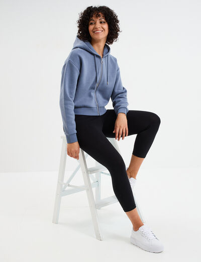 Sweat zippé à capuche court bleu gris femme