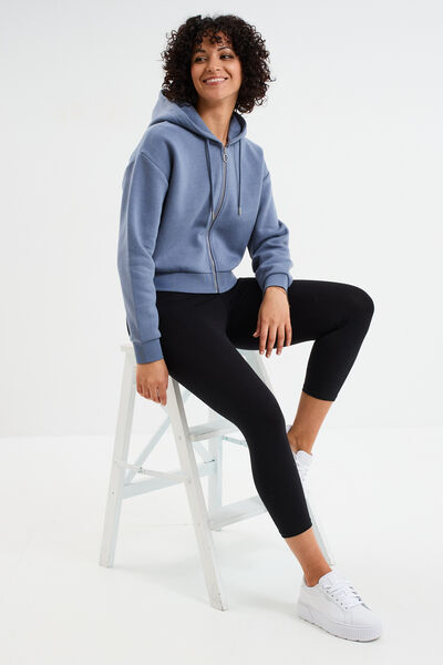 Sweat zipp&eacute; &agrave; capuche court bleu gris femme