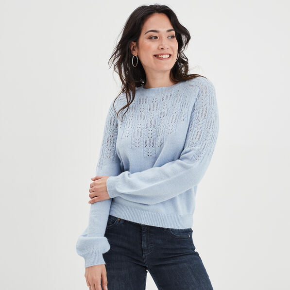 Pull manches ballons détails ajourés bleu pastel femme