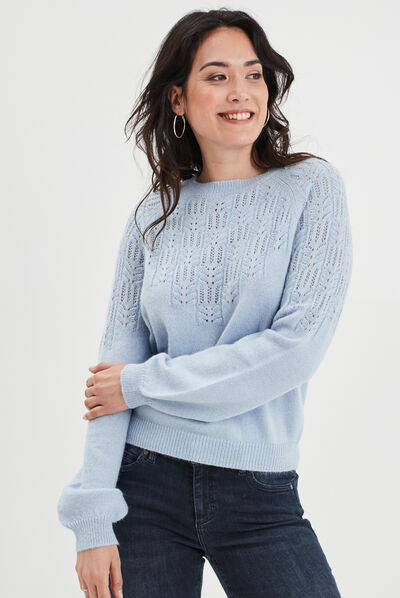 Pull manches ballons détails ajourés bleu pastel femme