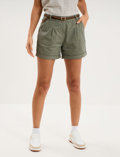 Short chino ceinture tress&eacute;e vert kaki femme