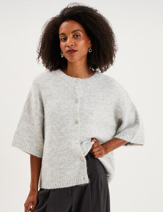 Gilet boutonn&eacute; manches courtes col rond gris clair femme