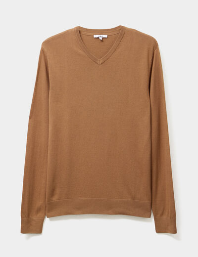 Pull jersey avec col en V marron homme