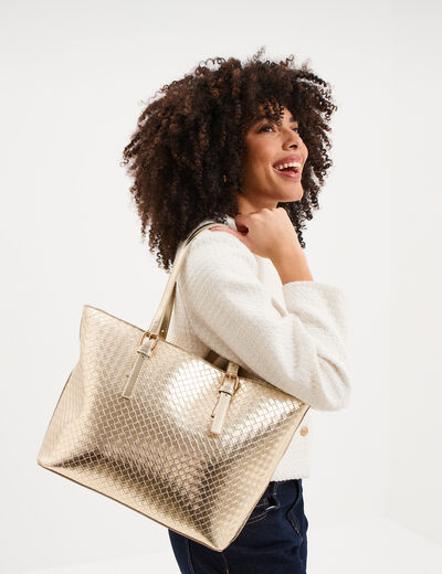 Sac cabas effet tress&eacute; couleur or femme