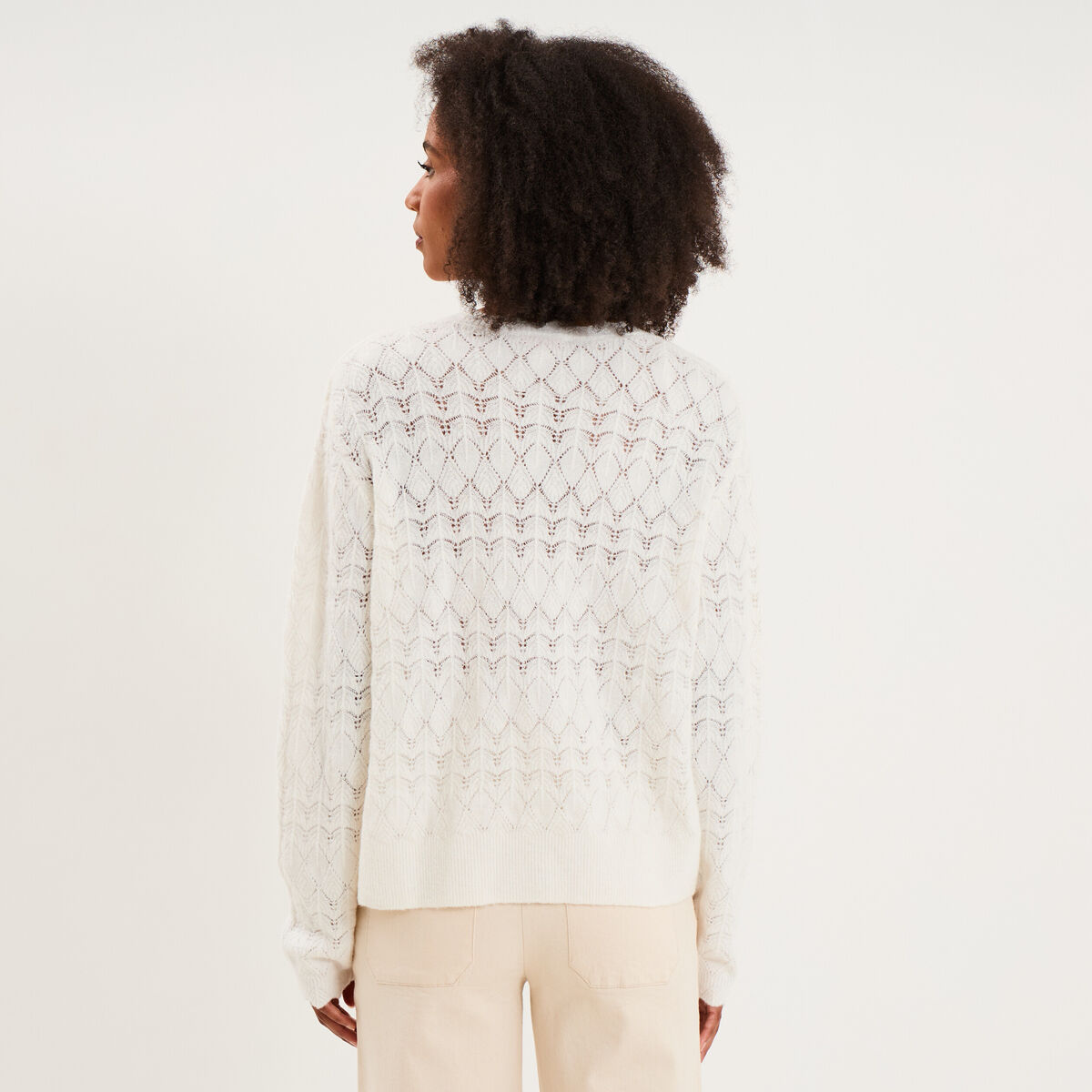 Gilet col V maille ajour&eacute;e boutonn&eacute; blanc femme