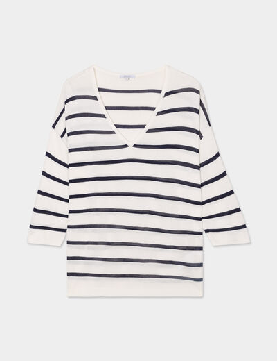 Pull col en V manches 3/4 ecru femme grande taille