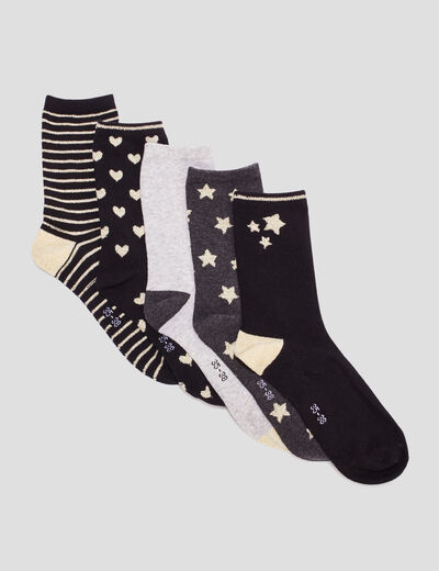 Lot 5 paires chaussettes fils métallisés noir femme