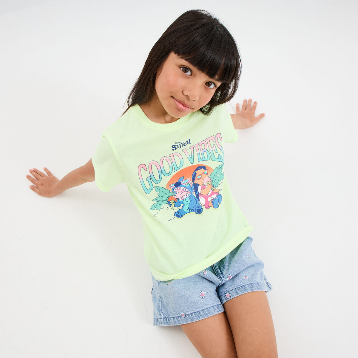 T-shirt manches courtes Stitch jaune fluo fille