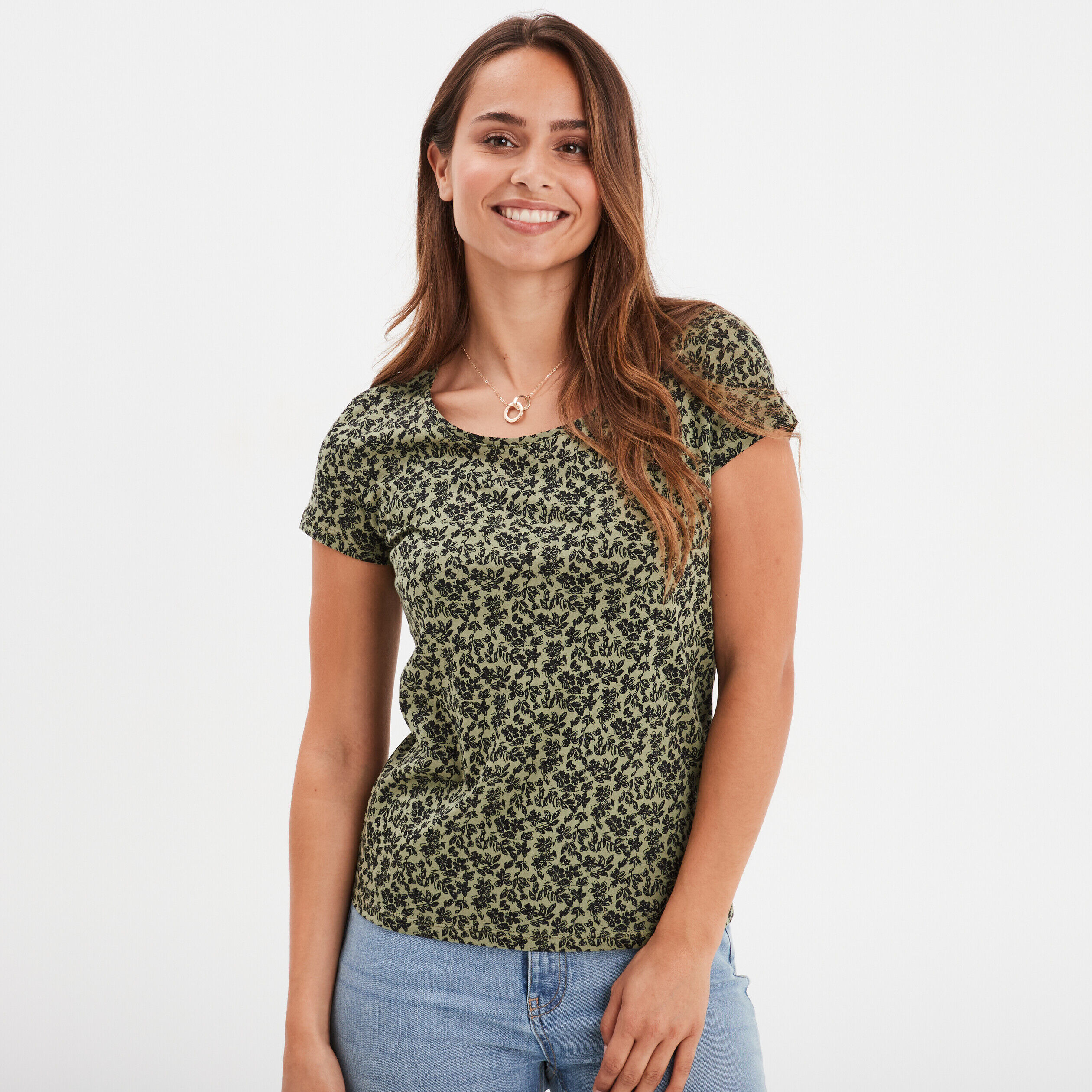T-shirt coton imprimé coupe ajustée vert kaki femme LH