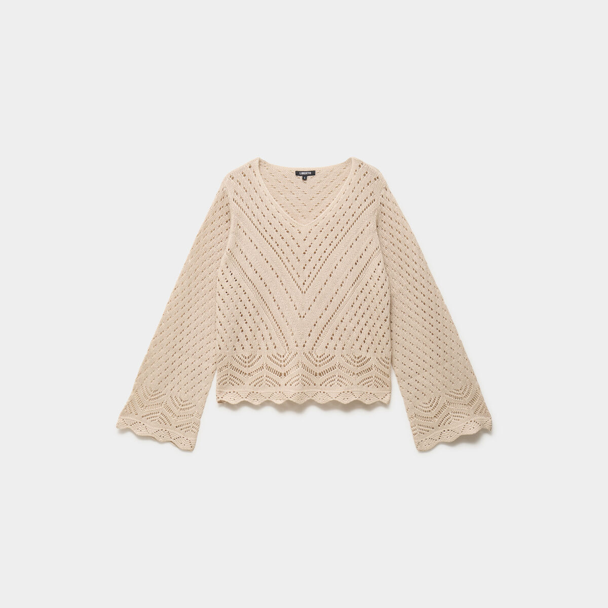Pull ajour&eacute; col en V manches longues beige femme