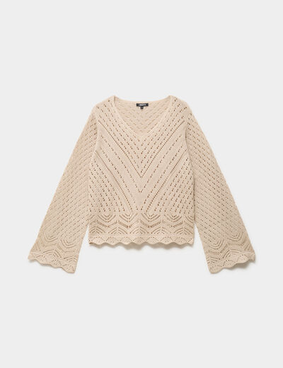 Pull ajour&eacute; col en V manches longues beige femme