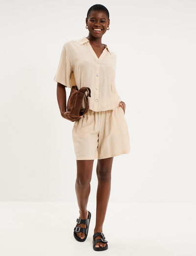 Short droit fluide taille &eacute;lastiqu&eacute;e beige femme
