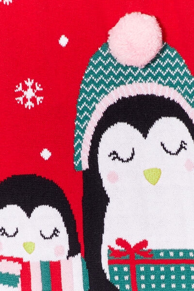 Robe pull de Noël motif pingouin rouge bébé fille