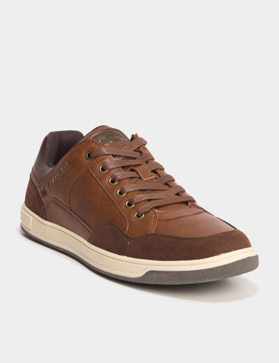 Tennis basses &agrave; lacets marron cognac homme