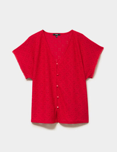 T-shirt dentelle avec boutons rouge femme