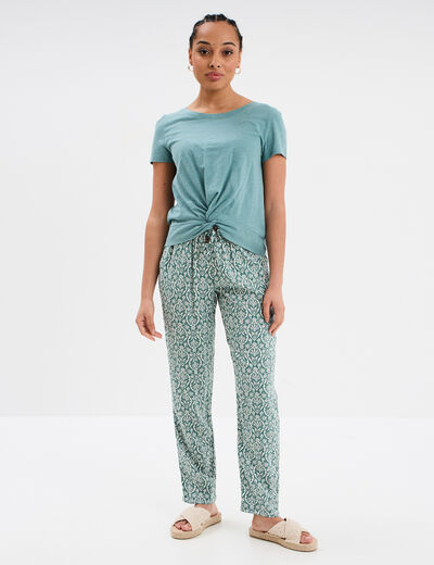 Pantalon fluide ceinture élastiquée vert turquoise femme