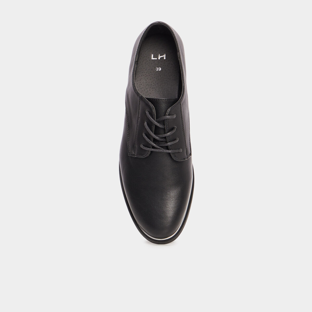 Derbies liser&eacute;s m&eacute;tallis&eacute;s talon plat noir femme
