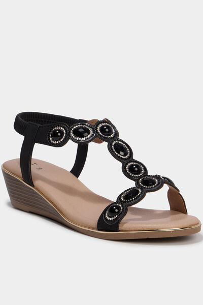 Sandales compens&eacute;es d&eacute;tails bijoux noir femme