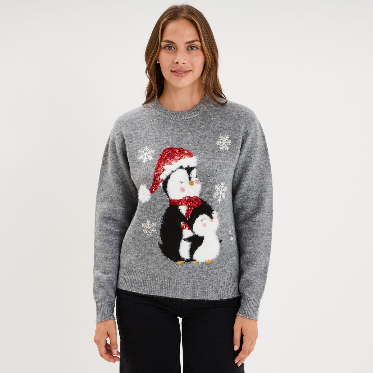 Pull de No&euml;l avec sequins gris clair femme