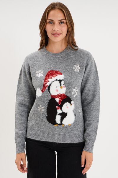 Pull de No&euml;l avec sequins gris clair femme