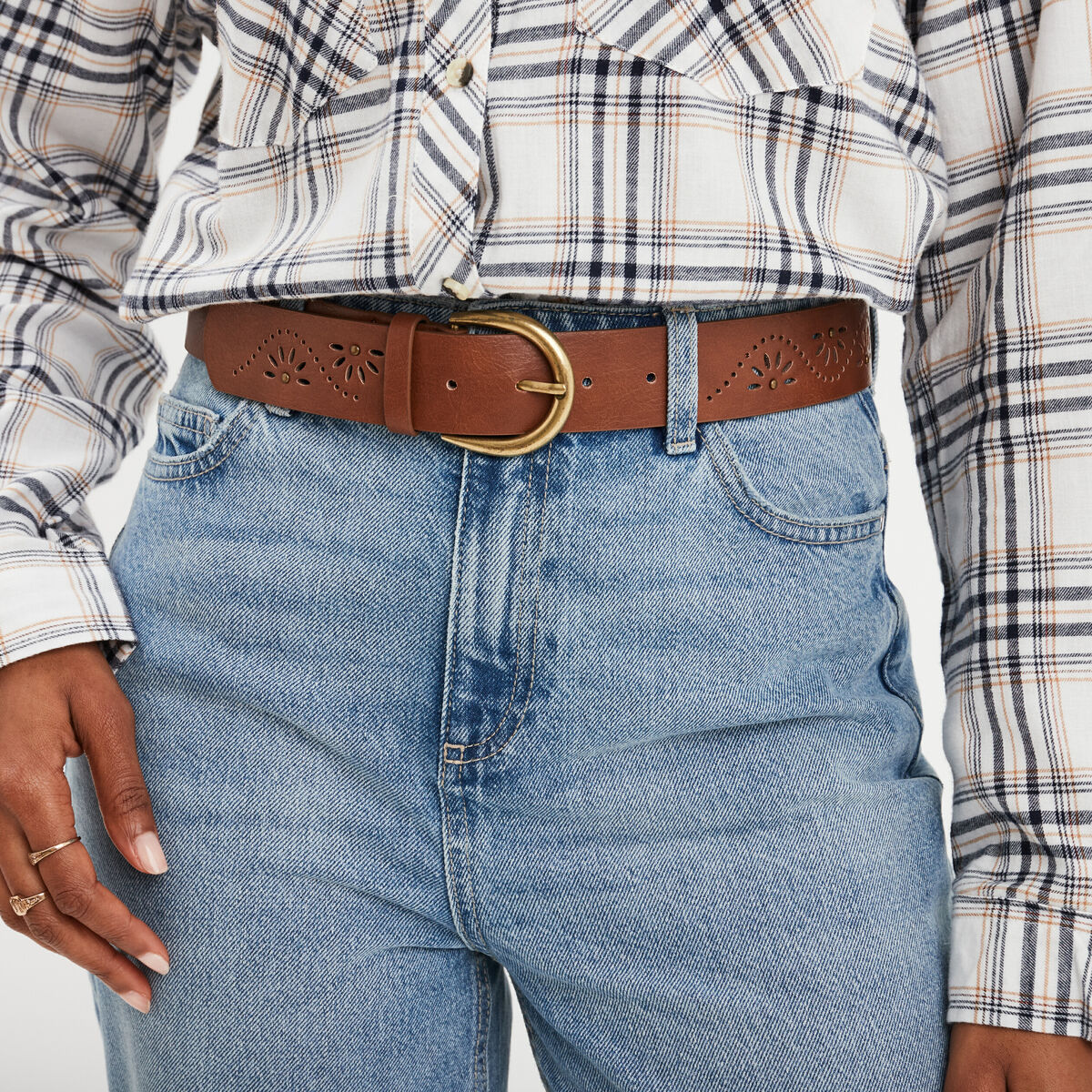 Ceinture avec perforations marron cognac femme