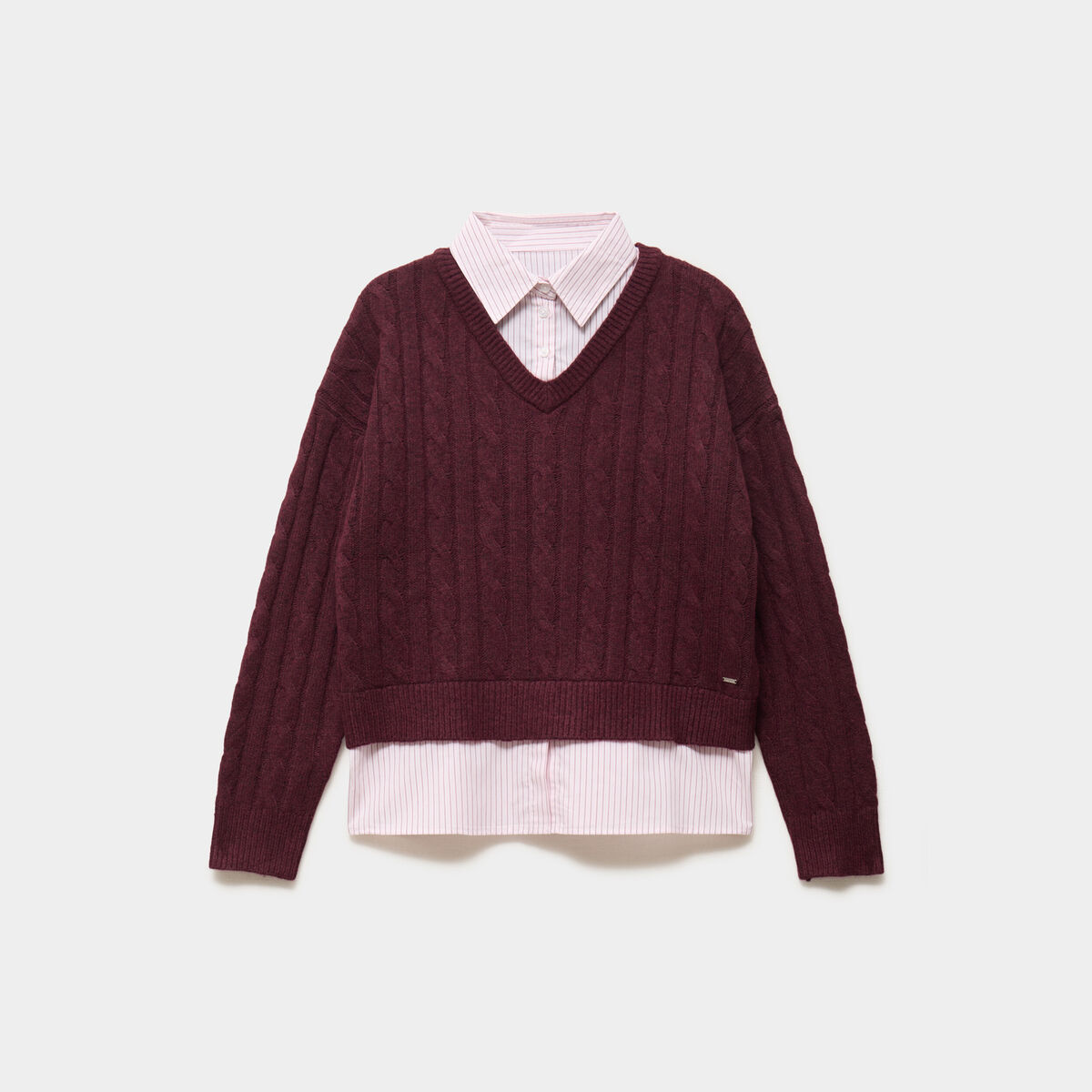 Pull torsades effet 2-en-1 chemise violet fonc&eacute; femme
