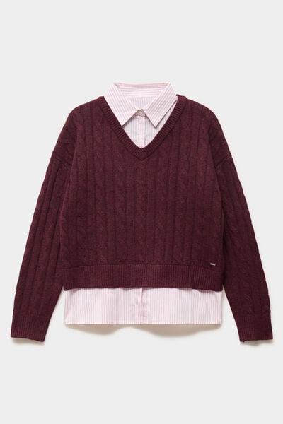 Pull torsades effet 2-en-1 chemise violet fonc&eacute; femme