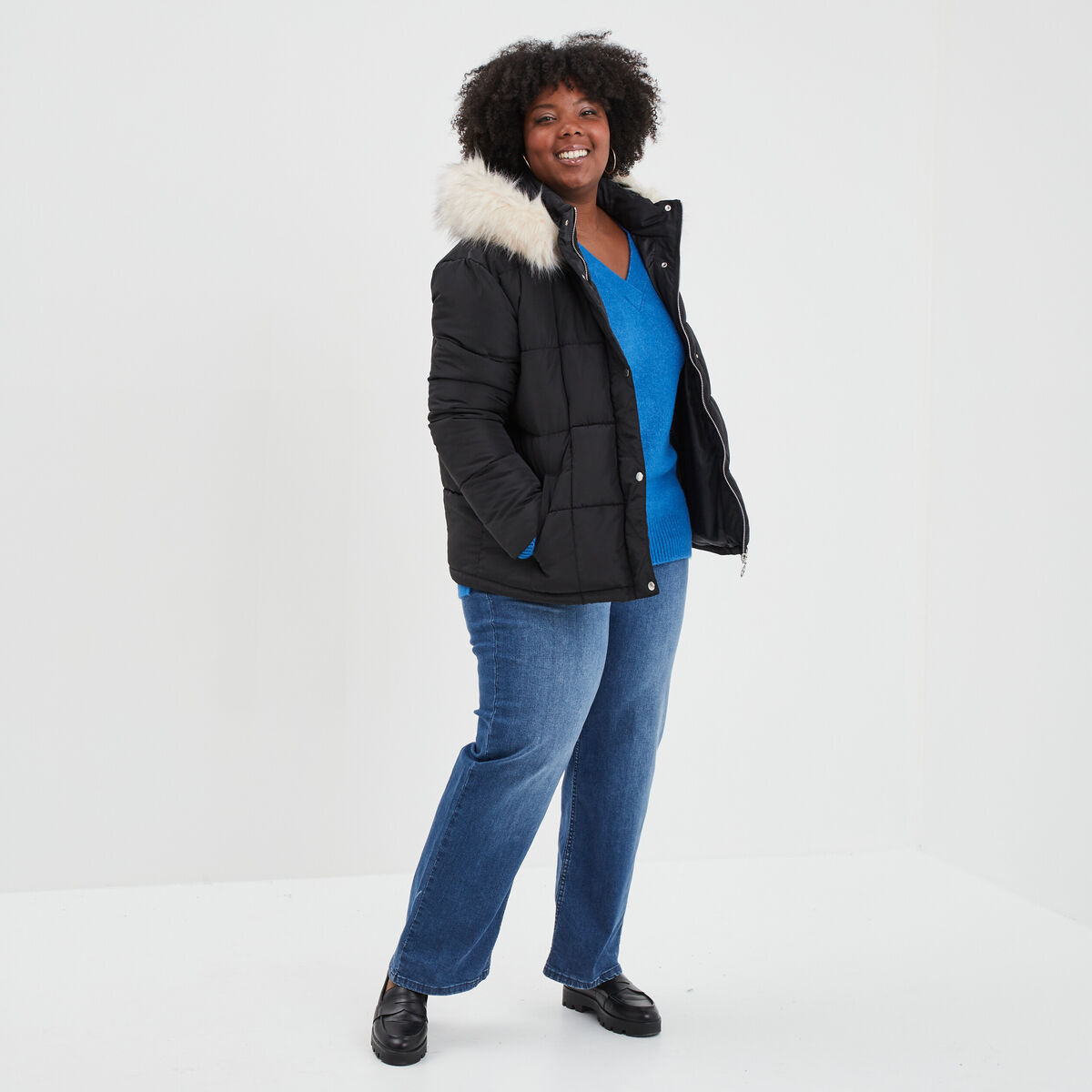 Doudoune à capuche imitation fourrure noir femme grande taille
