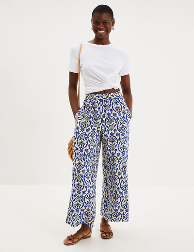 Pantalon large fluide taille &eacute;lastiqu&eacute;e ecru femme