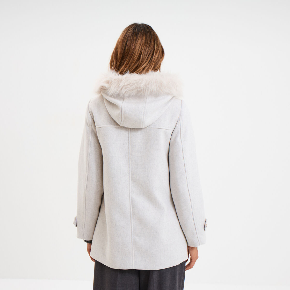 Manteau &agrave; capuche fausse fourrure gris clair femme