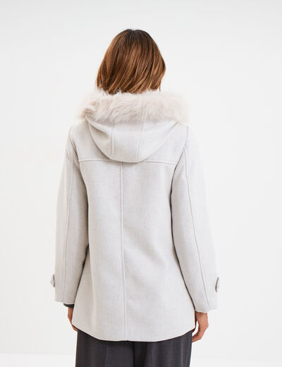 Manteau &agrave; capuche fausse fourrure gris clair femme