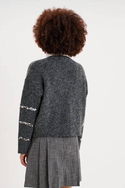 Pull col rond &agrave; sequins manches longues gris femme