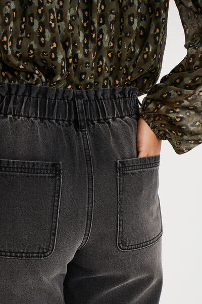 Jean paperbag cropped taille &eacute;lastiqu&eacute;e denim noir femme