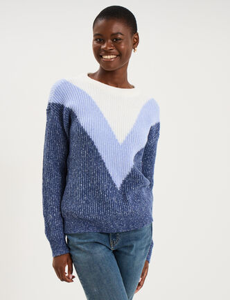 Pull manches longues col rond bleu femme