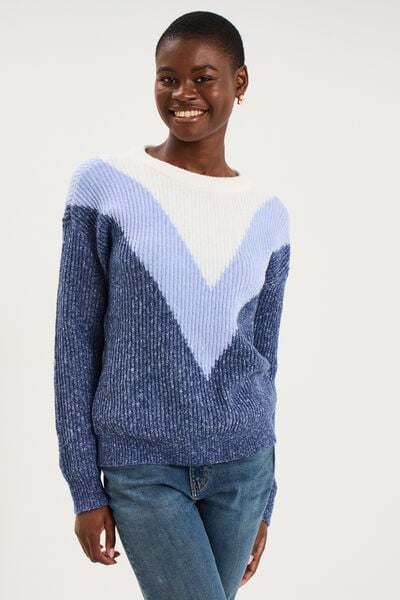 Pull manches longues col rond bleu femme