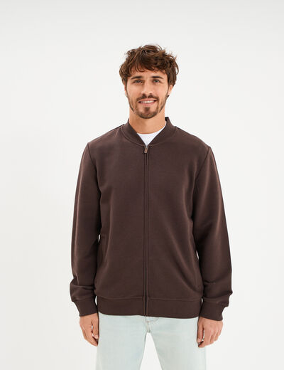 Gilet reli&eacute;f&eacute; manches longues zipp&eacute; marron fonc&eacute; homme