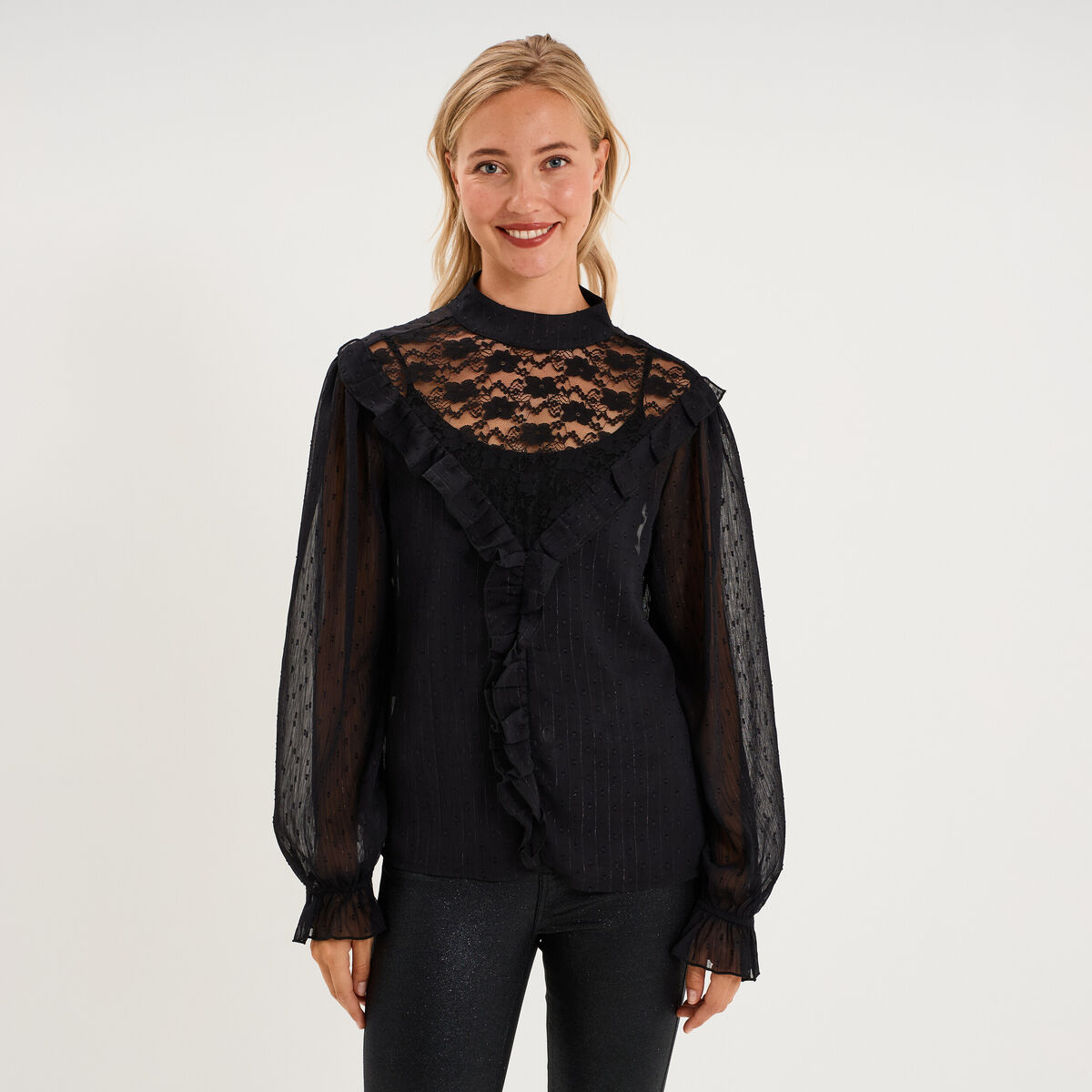 Blouse droite dentelle et volants noir femme