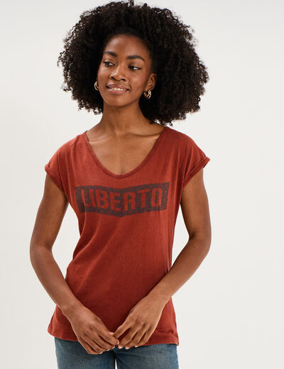 T-shirt d&eacute;lav&eacute; en coton marron femme